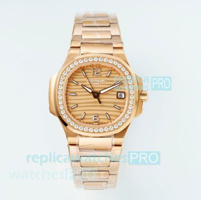 PPM Swiss Clone Patek Philippe Nautilus 7010 Rose Gold Quartz Watch with Diamond Bezel 